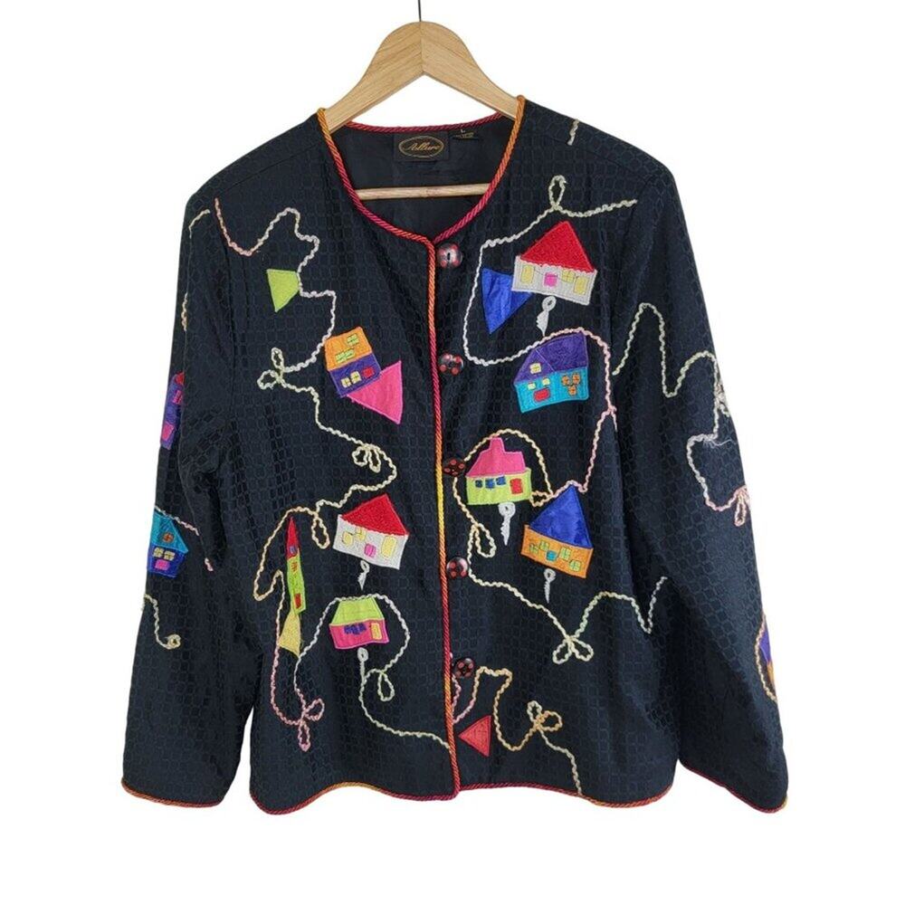 Allure Womens Maximalist Wearable Art Houses Embroidered Blazer Jacket size L